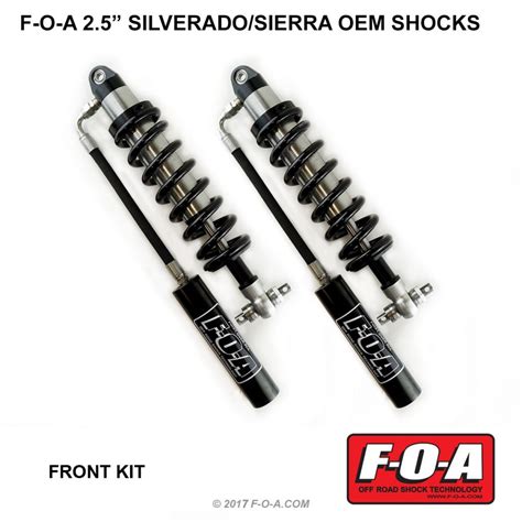 Foa shocks - F-O-A Steering Stabilizer. $ 130.00. Buy in monthly payments with Affirm on orders over $50. Learn more. F-O-A Shocks steering stabilizers are the solution to front end stability issues when running over sized tires. They use our “Even Flow” piston that gives you equal compression and rebound control. They are fully adjustable just like any ...